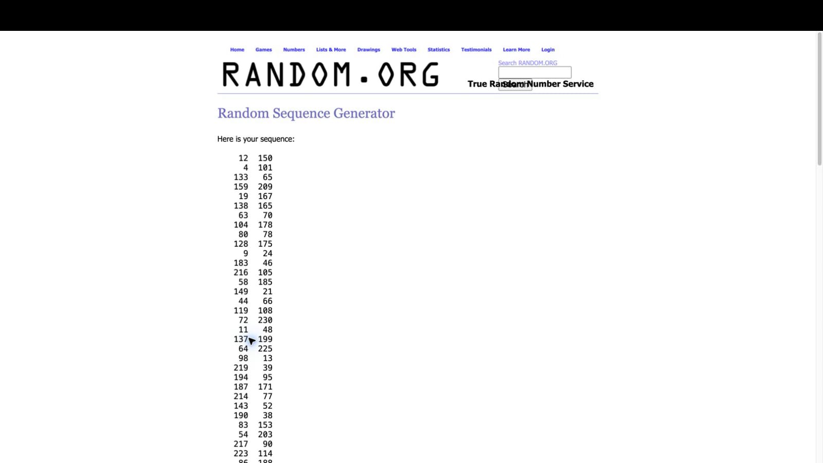 RANDOM.ORG sequence showing the first two winning positions: 12 and 150