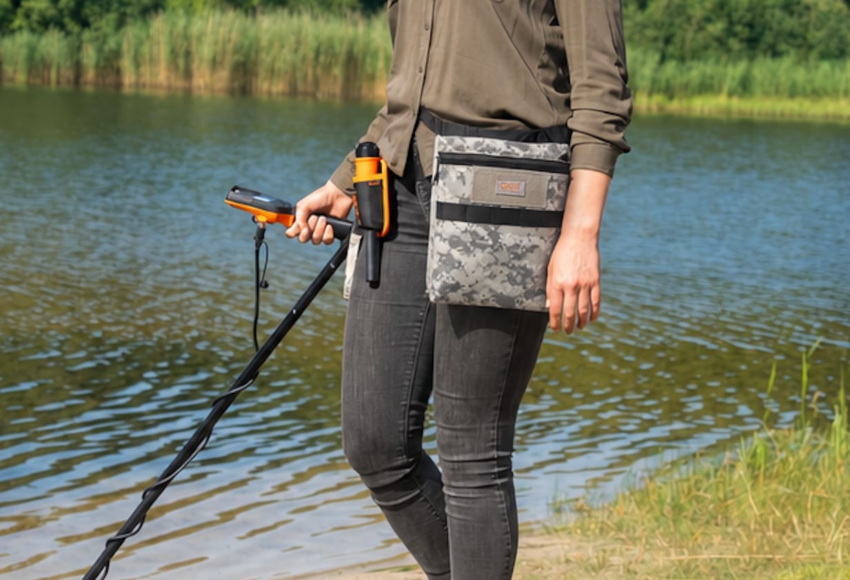 QUEST Camo Pouch worn while metal detecting