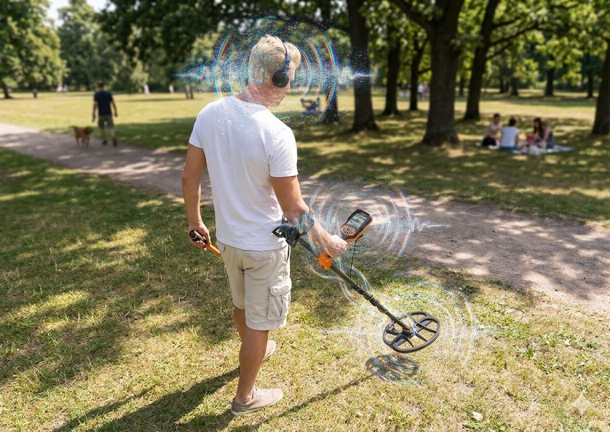 Detectorist sweeping along a park path with people relaxing on the grass in the blurred background