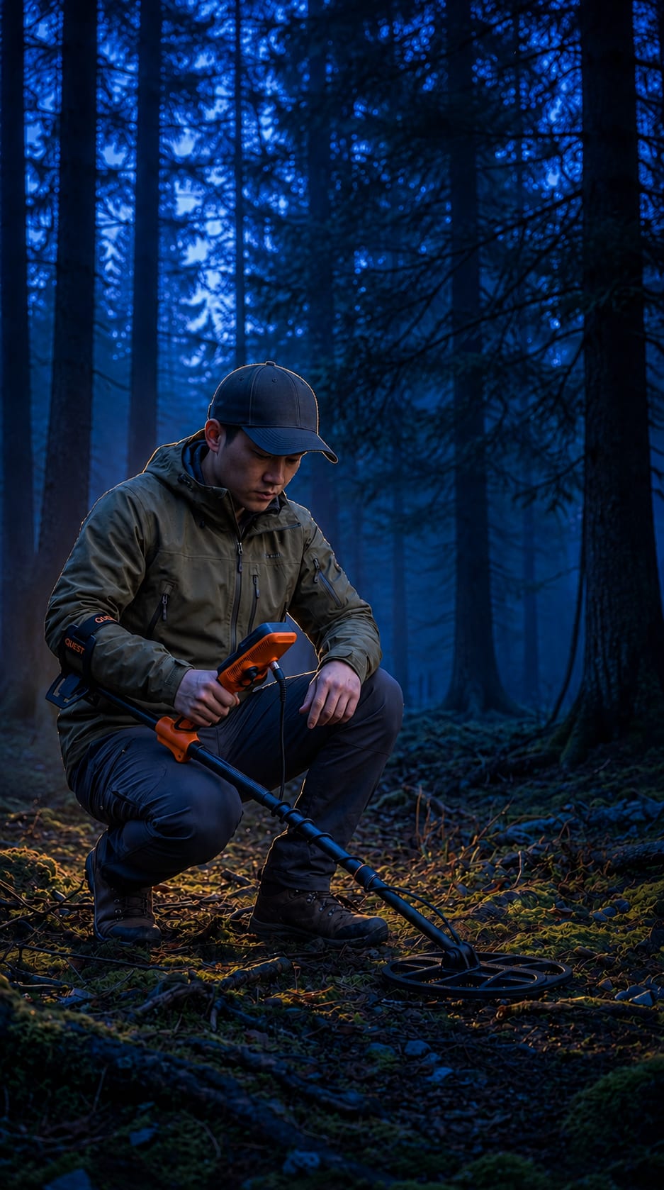 Detectorist crouching in a misty pine forest at dusk, headlamp light on the ground