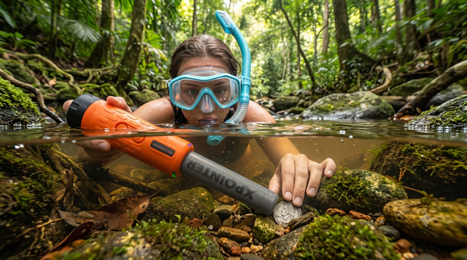 Snorkeler half-submerged in a clear rainforest creek, orange Quest pinpointer in hand beside a small coin on the stream bed