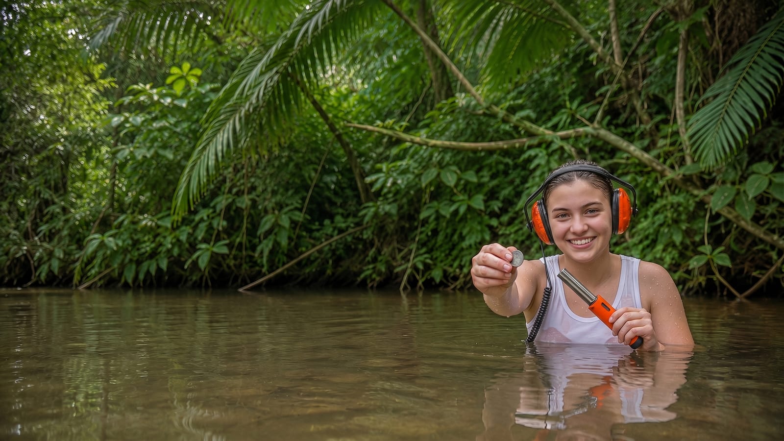 Detectorist wading waist-deep in a jungle river, holding up a small find