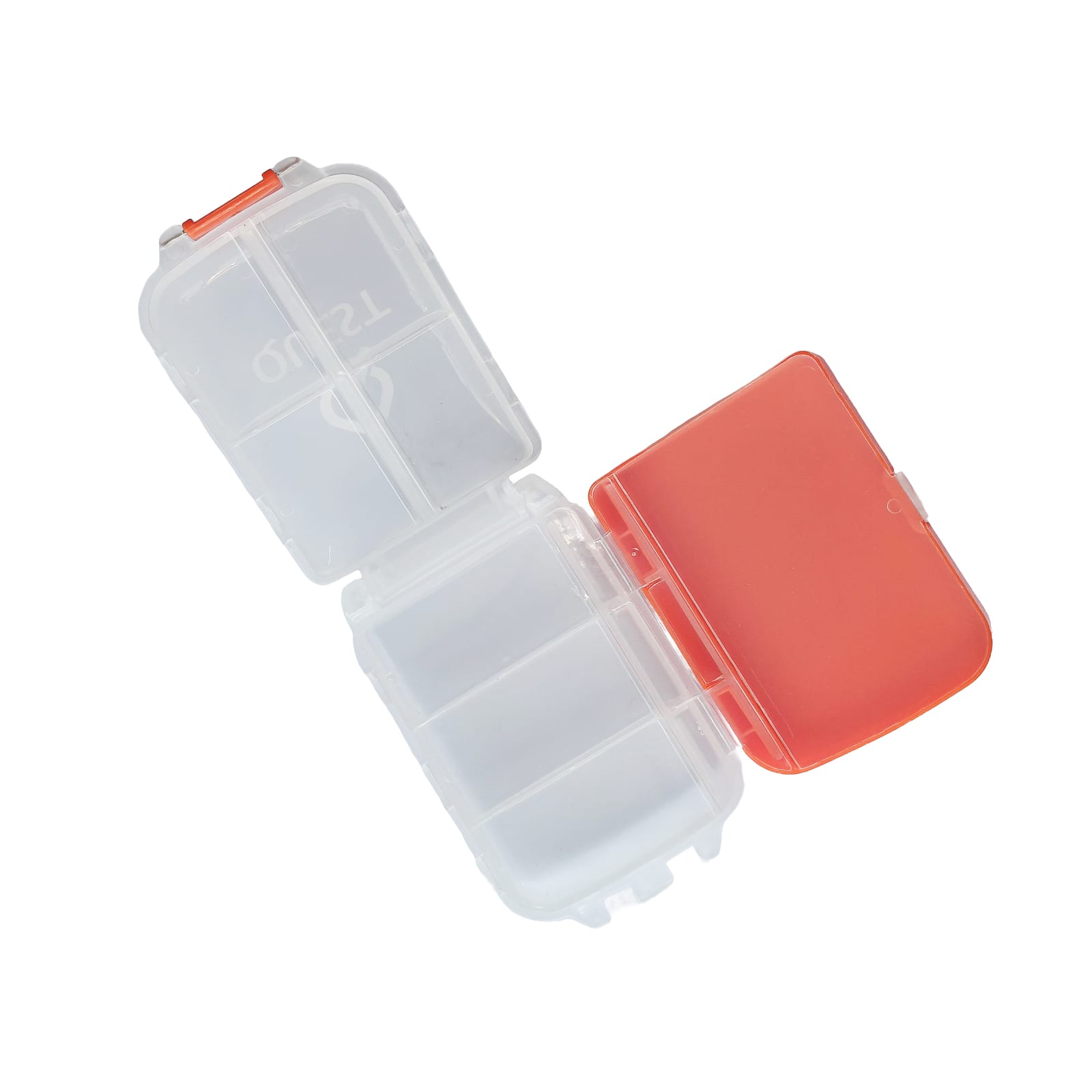 QUEST Tri-Fold Find Box abierta, con compartimentos transparentes y tapa naranja