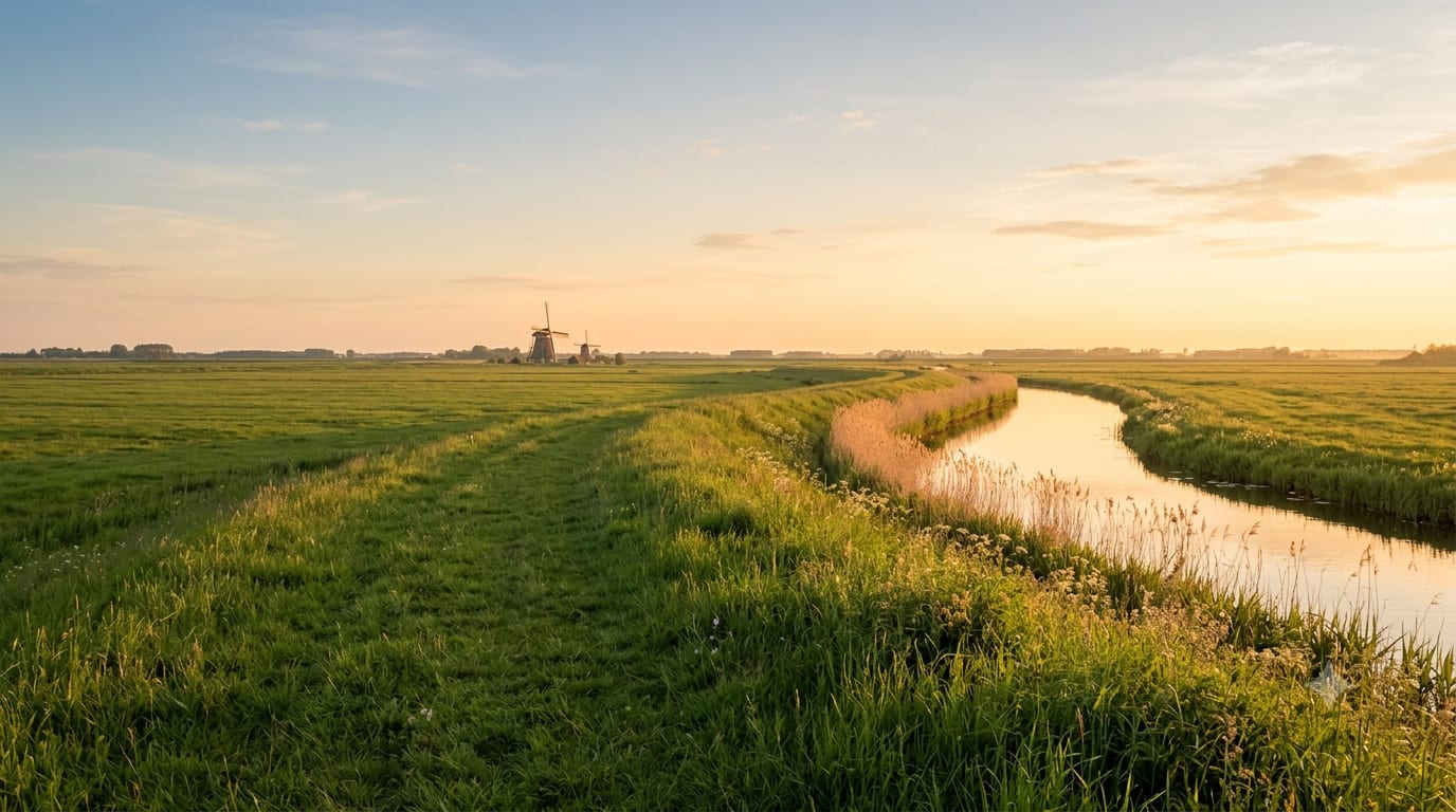 Sonnendurchflutetes offenes Feld und Kanal als Hintergrund für die QUEST V Serie