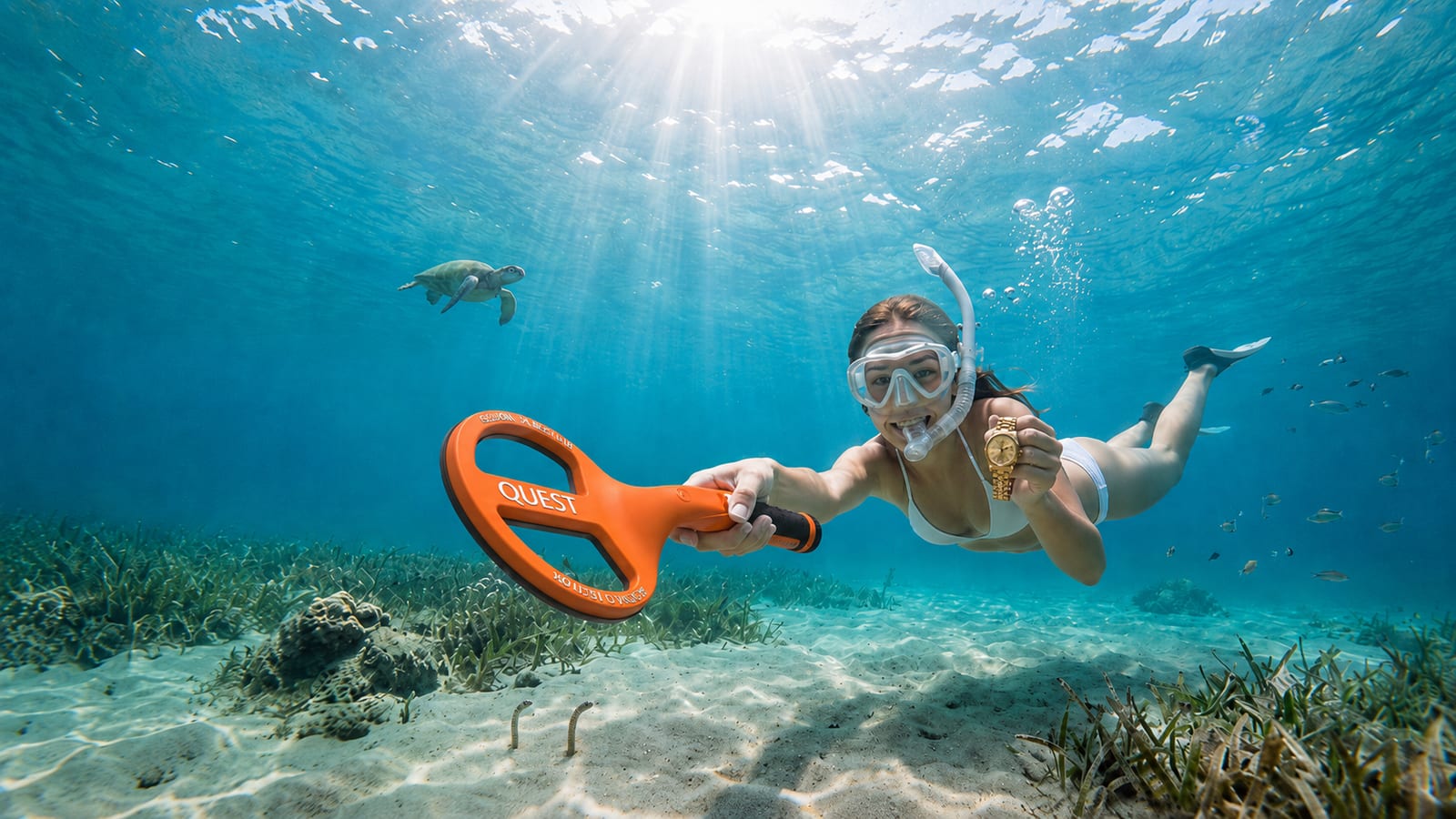 Snorkeler using the Scuba Tector II underwater to recover a gold watch